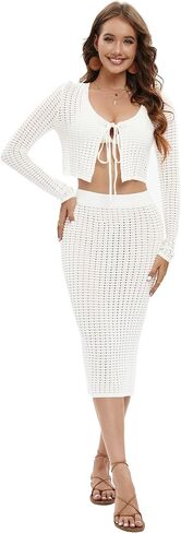 Women's 2 Piece Crochet Swimsuit Cover Up Hollow Out Crop Knitted Tank Top and Skirt Set Beachwear in Saudi Arabia