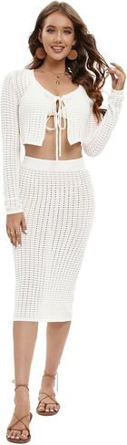 Women's 2 Piece Crochet Swimsuit Cover Up Hollow Out Crop Knitted Tank Top and Skirt Set Beachwear in Saudi Arabia