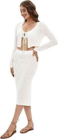 Women's 2 Piece Crochet Swimsuit Cover Up Hollow Out Crop Knitted Tank Top and Skirt Set Beachwear in Saudi Arabia