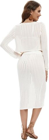 Women's 2 Piece Crochet Swimsuit Cover Up Hollow Out Crop Knitted Tank Top and Skirt Set Beachwear in Saudi Arabia