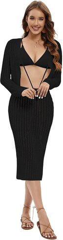 طقم ملابس سباحة نسائية مكونة من قطعتين من الكروشيه مكون من قطعة علوية بدون أكمام محبوكة وتنورة للشاطئ in Kuwait