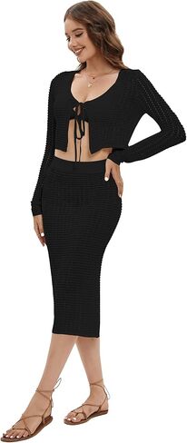 طقم ملابس سباحة نسائية مكونة من قطعتين من الكروشيه مكون من قطعة علوية بدون أكمام محبوكة وتنورة للشاطئ in Kuwait