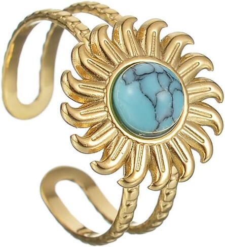 Turquoise Sun Ring for Women Girls Stainless Steel Rings 18K Gold Plated Open Statement Ring Layered Wrap Finger Bands Adjustable in Saudi Arabia