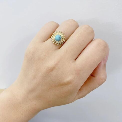 Turquoise Sun Ring for Women Girls Stainless Steel Rings 18K Gold Plated Open Statement Ring Layered Wrap Finger Bands Adjustable in Saudi Arabia
