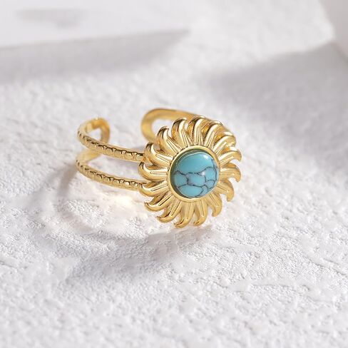 Turquoise Sun Ring for Women Girls Stainless Steel Rings 18K Gold Plated Open Statement Ring Layered Wrap Finger Bands Adjustable in Saudi Arabia