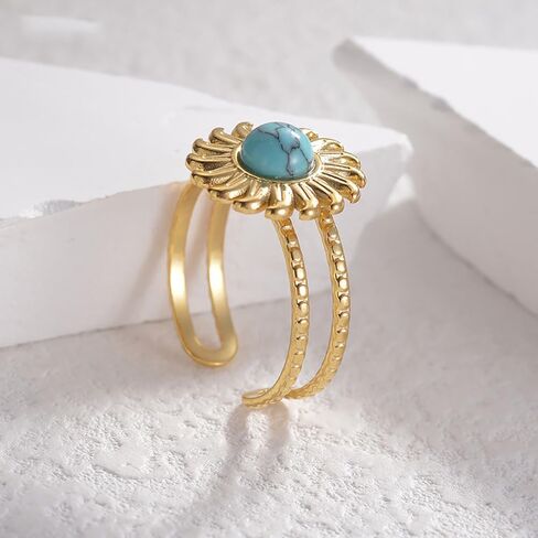 Turquoise Sun Ring for Women Girls Stainless Steel Rings 18K Gold Plated Open Statement Ring Layered Wrap Finger Bands Adjustable in Saudi Arabia