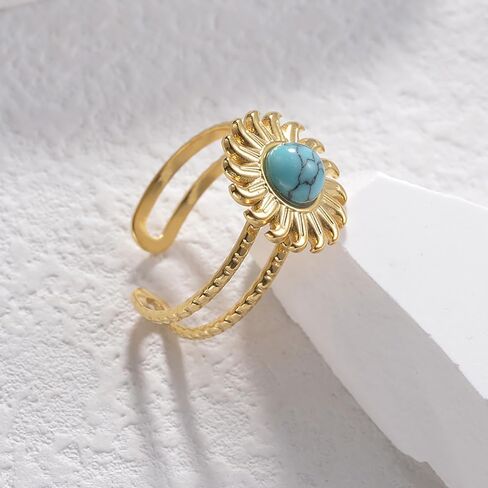 Turquoise Sun Ring for Women Girls Stainless Steel Rings 18K Gold Plated Open Statement Ring Layered Wrap Finger Bands Adjustable in Saudi Arabia