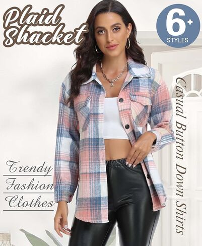 RISSCAN Womens Plaid Shacket Jacket Casual Button Down Shirts Long Sleeve fall fashion clothes in Saudi Arabia