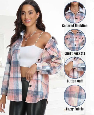 RISSCAN Womens Plaid Shacket Jacket Casual Button Down Shirts Long Sleeve fall fashion clothes in Saudi Arabia