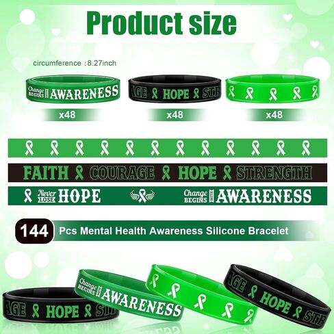 Sosation 144 Pcs Mental Health Awareness Bracelet Gifts Green Mental Faith Courage Hope Silicone Motivational Bracelets for Men Women in Saudi Arabia