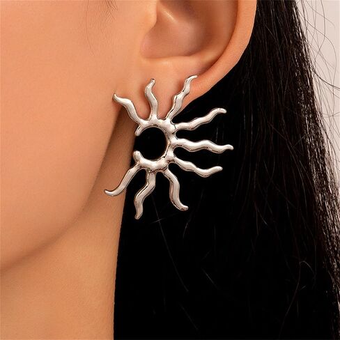 Gold Plated Sun Earrings for Women Girls Punk Vintage Statement Sunburst Hollow Circle Round Geometric Sunflower Large Planet Stud Earrings for Birthday Christmas Party Fashion Jewelry Gifts in Saudi Arabia