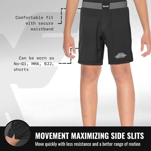 Elite Sports Kids MMA BJJ No GI UFC Grappling Shorts, Sports Shorts for Boys & Girls, Youth Jiu Jitsu Training Shorts Black in Saudi Arabia