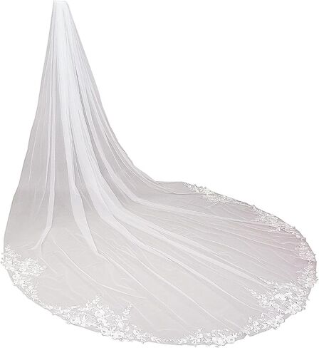 Vintage One Layer Cathedral Wedding Veil Floral Lace Appliqued Soft Tulle Dramatic Bridal Accessory in Saudi Arabia