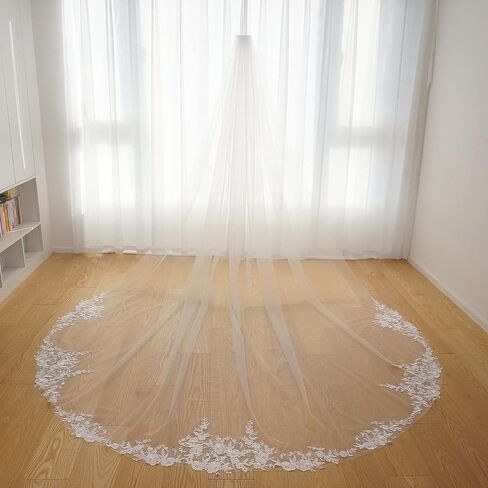 Vintage One Layer Cathedral Wedding Veil Floral Lace Appliqued Soft Tulle Dramatic Bridal Accessory in Saudi Arabia
