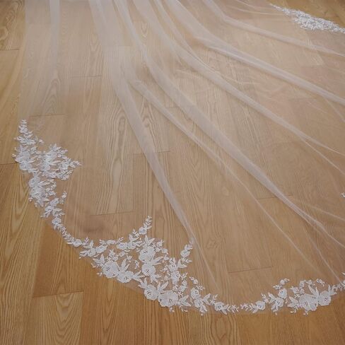 Vintage One Layer Cathedral Wedding Veil Floral Lace Appliqued Soft Tulle Dramatic Bridal Accessory in Saudi Arabia