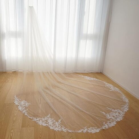 Vintage One Layer Cathedral Wedding Veil Floral Lace Appliqued Soft Tulle Dramatic Bridal Accessory in Saudi Arabia