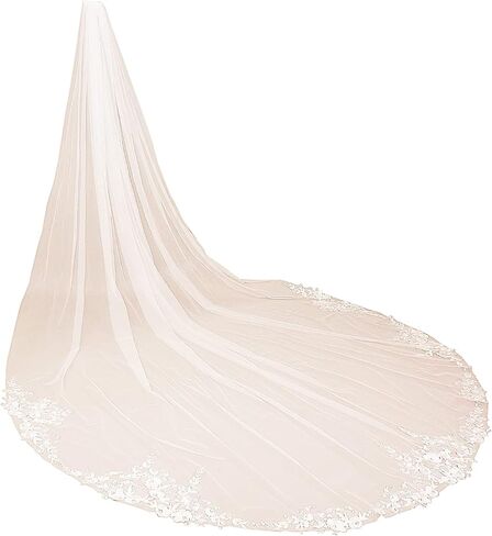 Vintage One Layer Cathedral Wedding Veil Floral Lace Appliqued Soft Tulle Dramatic Bridal Accessory in Kuwait