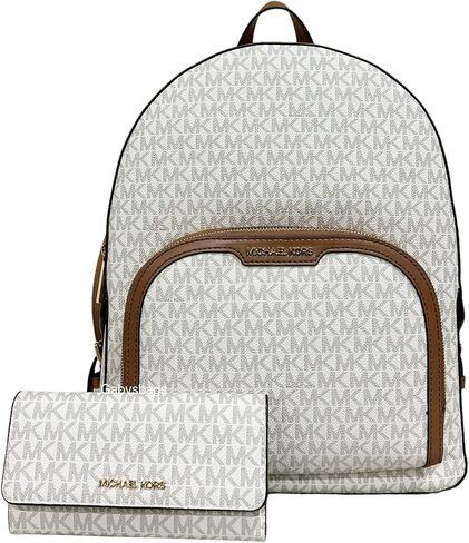 Michael Kors Jaycee Large Backpack School Bag Bundled Jet Set Travel Large Trifold Wallet MK Signature (Vanilla MK) in Saudi Arabia