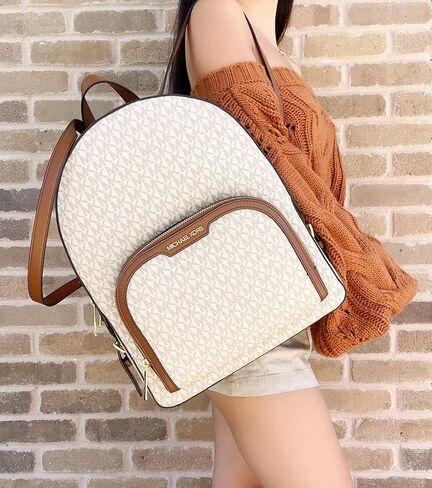 Michael Kors Jaycee Large Backpack School Bag Bundled Jet Set Travel Large Trifold Wallet MK Signature (Vanilla MK) in Saudi Arabia