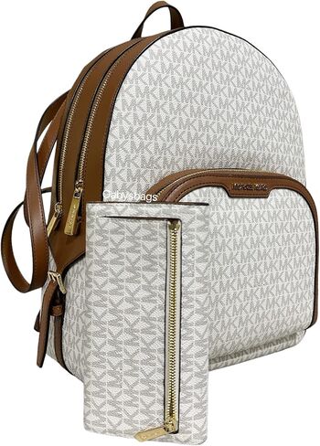 Michael Kors Jaycee Large Backpack School Bag Bundled Jet Set Travel Large Trifold Wallet MK Signature (Vanilla MK) in Saudi Arabia
