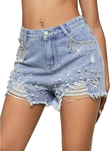 LifeShe Women Denim Short Rhinestone Tassel Jean Short Pearl Beaded Frayed Raw Hem Jean Shorts in Saudi Arabia