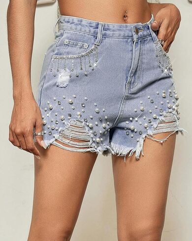 LifeShe Women Denim Short Rhinestone Tassel Jean Short Pearl Beaded Frayed Raw Hem Jean Shorts in Saudi Arabia