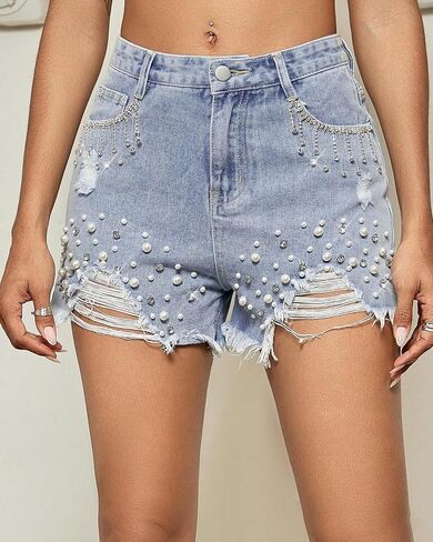 LifeShe Women Denim Short Rhinestone Tassel Jean Short Pearl Beaded Frayed Raw Hem Jean Shorts in Saudi Arabia
