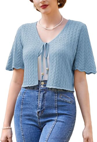 Belle Poque Women's Tie Front 1/2 Sleeve Bolero Shrug Sweaters Summer Lightweight Open Front Knit Cropped Cardigan Top in Saudi Arabia