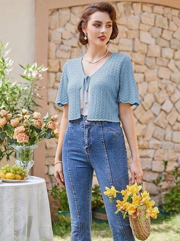 Belle Poque Women's Tie Front 1/2 Sleeve Bolero Shrug Sweaters Summer Lightweight Open Front Knit Cropped Cardigan Top in Saudi Arabia