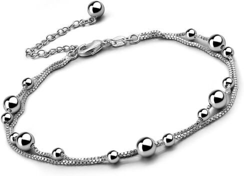 Meilanduo 925 Sterling Silver Two Layer Box Chain Bead Link Bracelet, Dual Purpose of Anklet and Bracelet - up to 11" inch - for Women Girls Teens, Sterling Silver , no gemstone in Saudi Arabia