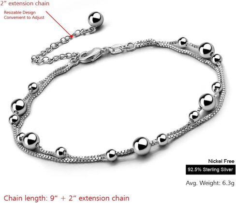 Meilanduo 925 Sterling Silver Two Layer Box Chain Bead Link Bracelet, Dual Purpose of Anklet and Bracelet - up to 11" inch - for Women Girls Teens, Sterling Silver , no gemstone in Saudi Arabia