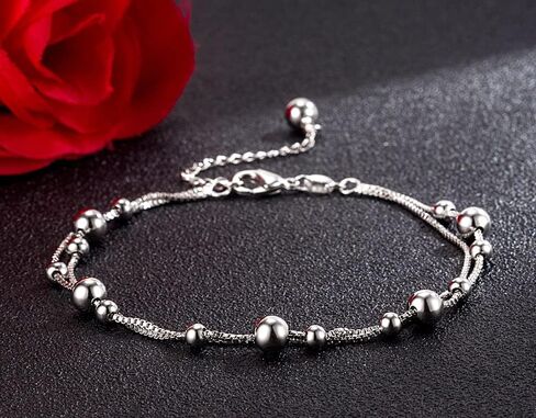 Meilanduo 925 Sterling Silver Two Layer Box Chain Bead Link Bracelet, Dual Purpose of Anklet and Bracelet - up to 11" inch - for Women Girls Teens, Sterling Silver , no gemstone in Saudi Arabia