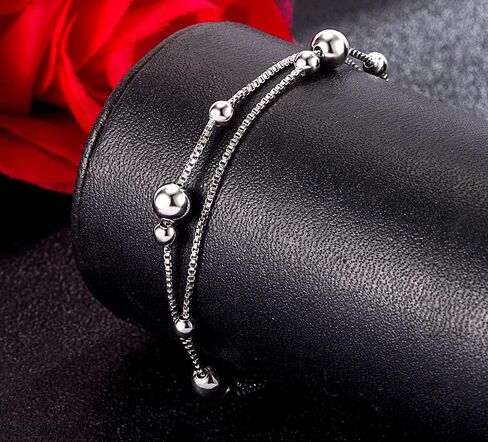 Meilanduo 925 Sterling Silver Two Layer Box Chain Bead Link Bracelet, Dual Purpose of Anklet and Bracelet - up to 11" inch - for Women Girls Teens, Sterling Silver , no gemstone in Saudi Arabia
