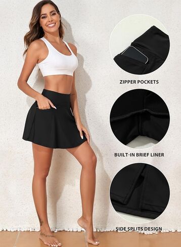 Aleumdr Women's 3" High Waisted Swim Skirt with Zipper Pockets Tummy Control Side Split Bathing Suit Swimsuit Tankini Bottoms in Saudi Arabia
