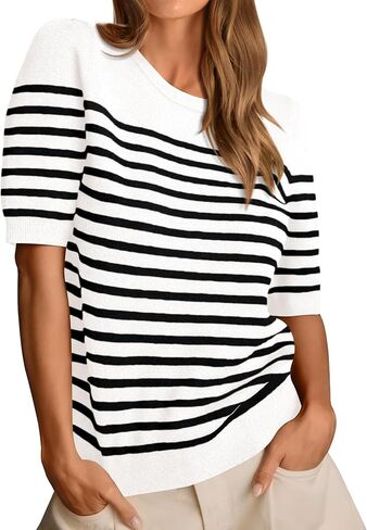Amkoyam Women's 2024 Short Sleeve Crew Neck T Shirts Casual Striped Ribbed Knit Pullover Sweater Tops in Saudi Arabia