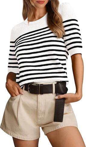 Amkoyam Women's 2024 Short Sleeve Crew Neck T Shirts Casual Striped Ribbed Knit Pullover Sweater Tops in Saudi Arabia