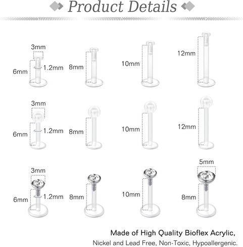 JFORYOU 16G 24 قطعة من مجوهرات الشفاه الشفافة Labret Medusa Piercing Studs Jewelry المسطحة من البلاستيك الخلفي حلقات الشفاه التجنيب دفع صالح Bioflex ثقب لمونرو Ashelry Tragus Helix 6 مم 8 مم 10 مم 12 مم للعمل in Kuwait