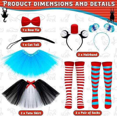 QZYL 2 مجموعة ملابس تنكرية للفتيات، مجموعة أزياء القطة والشيء الأزرق التأثيري توتو فستان قبعة علوية ذيل حصان عقال جوارب للحفلات in Kuwait