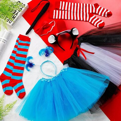 QZYL 2 مجموعة ملابس تنكرية للفتيات، مجموعة أزياء القطة والشيء الأزرق التأثيري توتو فستان قبعة علوية ذيل حصان عقال جوارب للحفلات in Kuwait