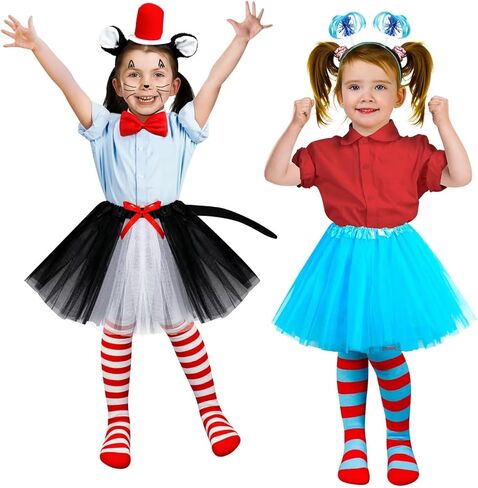 QZYL 2 مجموعة ملابس تنكرية للفتيات، مجموعة أزياء القطة والشيء الأزرق التأثيري توتو فستان قبعة علوية ذيل حصان عقال جوارب للحفلات in Kuwait