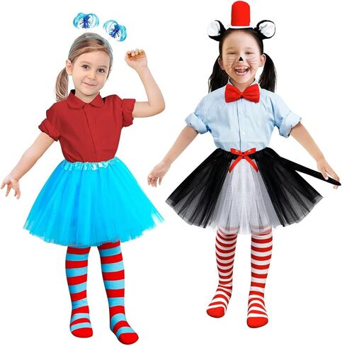 QZYL 2 مجموعة ملابس تنكرية للفتيات، مجموعة أزياء القطة والشيء الأزرق التأثيري توتو فستان قبعة علوية ذيل حصان عقال جوارب للحفلات in Kuwait