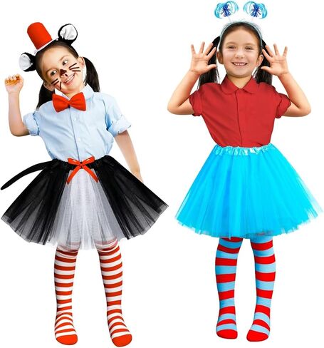 QZYL 2 مجموعة ملابس تنكرية للفتيات، مجموعة أزياء القطة والشيء الأزرق التأثيري توتو فستان قبعة علوية ذيل حصان عقال جوارب للحفلات in Kuwait