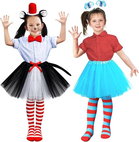 QZYL 2 مجموعة ملابس تنكرية للفتيات، مجموعة أزياء القطة والشيء الأزرق التأثيري توتو فستان قبعة علوية ذيل حصان عقال جوارب للحفلات in Kuwait