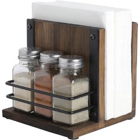 MyGift 4 Piece Set Rustic Torched Wood Tabletop Napkin Dispenser Stand with Matte Black Metal Wire Condiment Caddy and 3 Shakers for Salt, Pepper/Spices