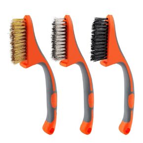 Wire Brush Set 3PCS Brass/Stainless Steel/Nylon Bristles Wire Scratch Brush Rust Removing Mini Wire Scrub Brush with Curved Handle for Cleaning Rust, Corrosion, Dirt, Paint Scrubbing, Orange