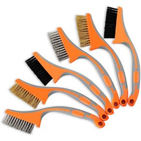 Wire Brush Set 3PCS Brass/Stainless Steel/Nylon Bristles Wire Scratch Brush Rust Removing Mini Wire Scrub Brush with Curved Handle for Cleaning Rust, Corrosion, Dirt, Paint Scrubbing, Orange