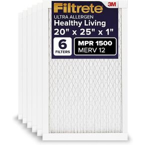 Filtrete 20x25x1 Air Filter, MPR 1500, MERV 12, Healthy Living Ultra-Allergen 3-Month Pleated 1-Inch Air Filters, 6 Filters
