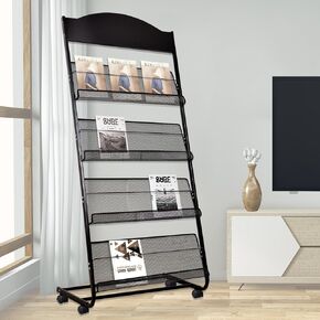 Kenpiko Floor-Standing Magazine Rack, 4-Layer Brochure Display Stand Tiered Design Magazine Stand Detachable Magazine Display with Casters for Exhibitions, Shopping Malls, Hospitals, Offices