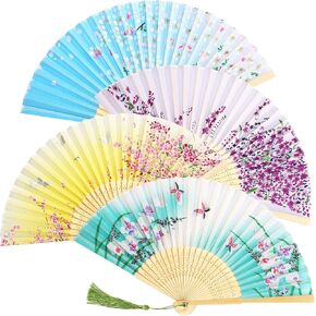 Zonon Handheld Floral Folding Fans Hand Held Fans Silk Bamboo Fans with Tassel Women's Hollowed Bamboo Hand Holding Fans for Women and Men (2 Gray, 2 Black)
