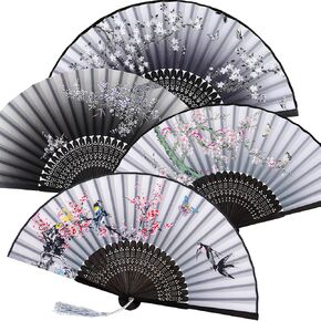 Zonon Handheld Floral Folding Fans Hand Held Fans Silk Bamboo Fans with Tassel Women's Hollowed Bamboo Hand Holding Fans for Women and Men (2 Gray, 2 Black)